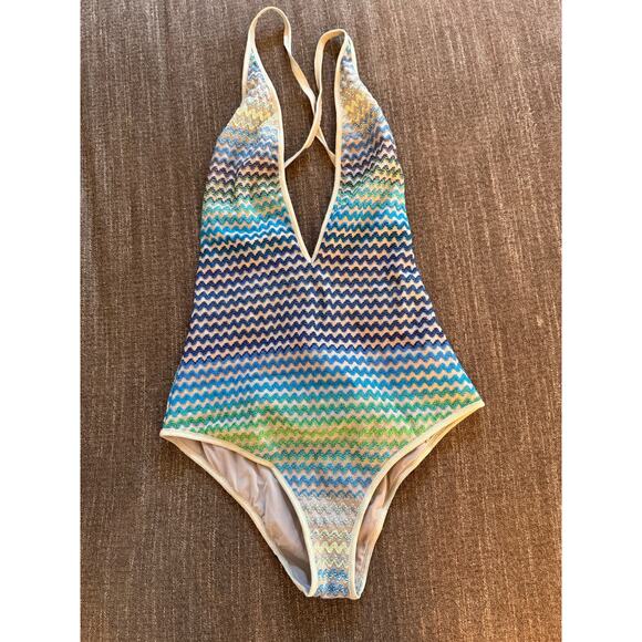 Missoni Mare Women's Chevron Stripe One Piece Grey Blue Green Size 44 Italy US10 - Picture 1 of 3